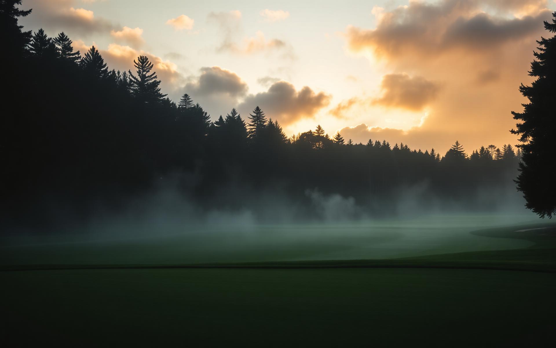 Misty golf course fairway at dawn with golden light